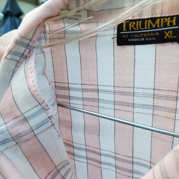 Triumph Men's XL short sleeve button up. Vintage. USA. Used. Pink/White plaid. - Picture 5 of 16